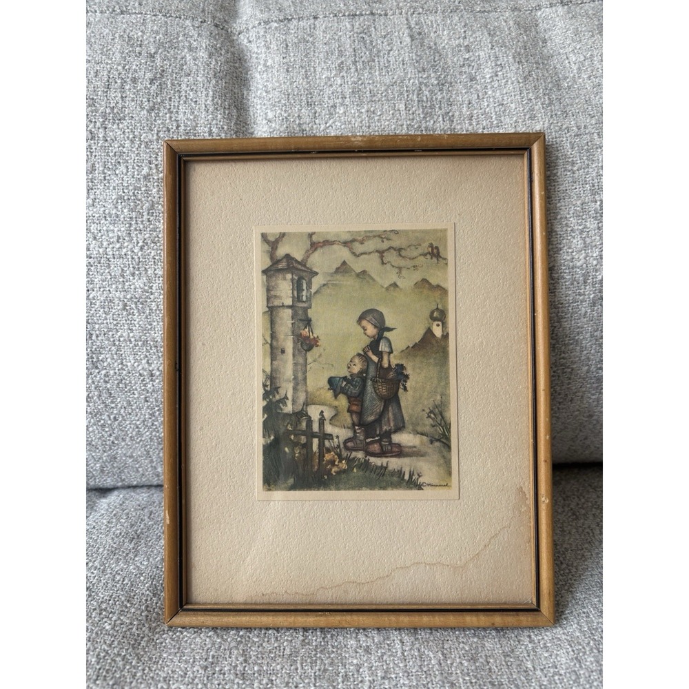 Vintage Framed Art Graphic Antique Picture Print Girl Boy Wooden Frame